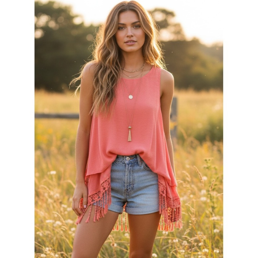 NEW Max Edition S‎ Womens Coral Tank Top Fringe Lace Crochet Boho Cottage Artsy
